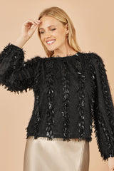 Yumi Black Hanging Sequin Long Sleeve Top