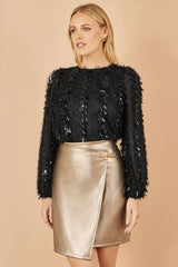 Yumi Black Hanging Sequin Long Sleeve Top