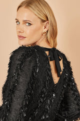 Yumi Black Hanging Sequin Long Sleeve Top