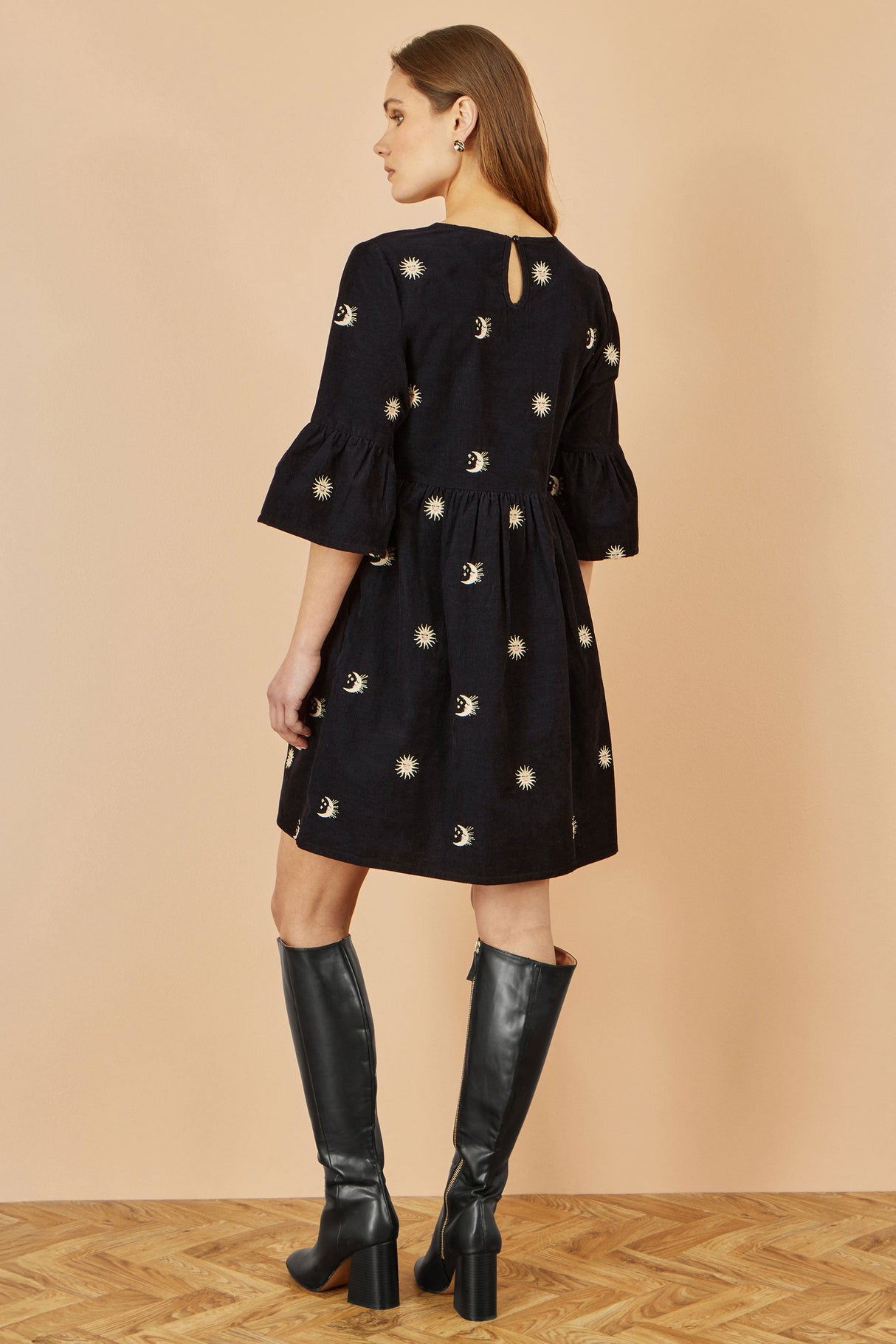Yumi Black Cosmic Embroidery Cord Tunic Dress