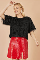 Yumi Black Lurex Fringe Relaxed Fit Top