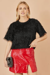 Yumi Black Lurex Fringe Relaxed Fit Top