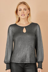 Yumi Black Metallic Bow Back Top