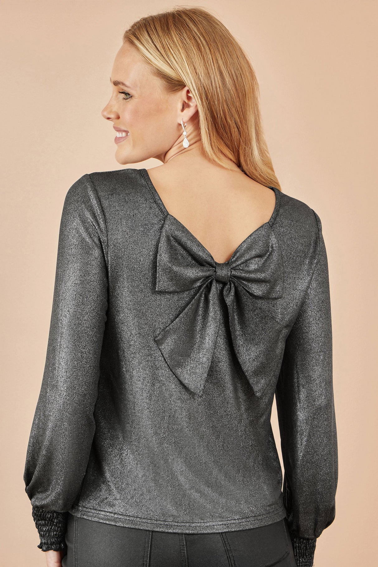 Yumi Black Metallic Bow Back Top