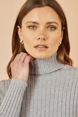 Yumi Grey Ribbed Knit Roll Neck Jumper