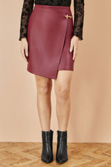 Yumi Burgundy Faux Leather Wrap Mini Skirt