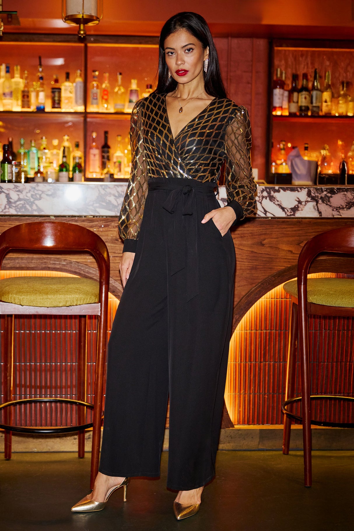 Yumi Black And Gold Sequin Wrap Over Jumpsuit