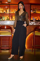 Yumi Black And Gold Sequin Wrap Over Jumpsuit