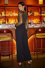Yumi Black And Gold Sequin Wrap Over Jumpsuit
