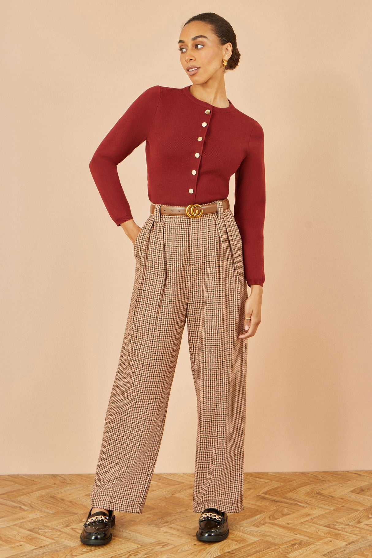 Yumi Brown Check Wide Leg Trousers