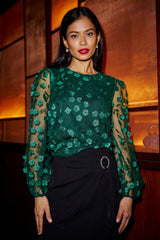 Yumi Green Sheer Sleeve Applique Flower Top