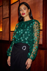Yumi Green Sheer Sleeve Applique Flower Top