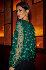 Yumi Green Sheer Sleeve Applique Flower Top