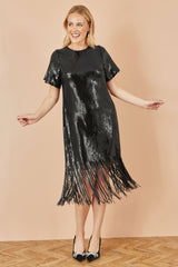 Yumi Black Sequin Tassels Hem Midi Tunic Dress