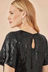 Yumi Black Sequin Tassels Hem Midi Tunic Dress