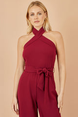 Yumi Burgundy Cross Over Halter Neck Jumpsuit