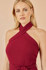 Yumi Burgundy Cross Over Halter Neck Jumpsuit