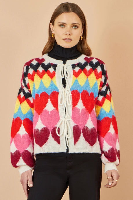 Yumi Multicolour Tie Front Heart Intarsia Cardigan