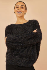 Yumi Black Metallic Fluffy Eyelash Relaxed Jumper