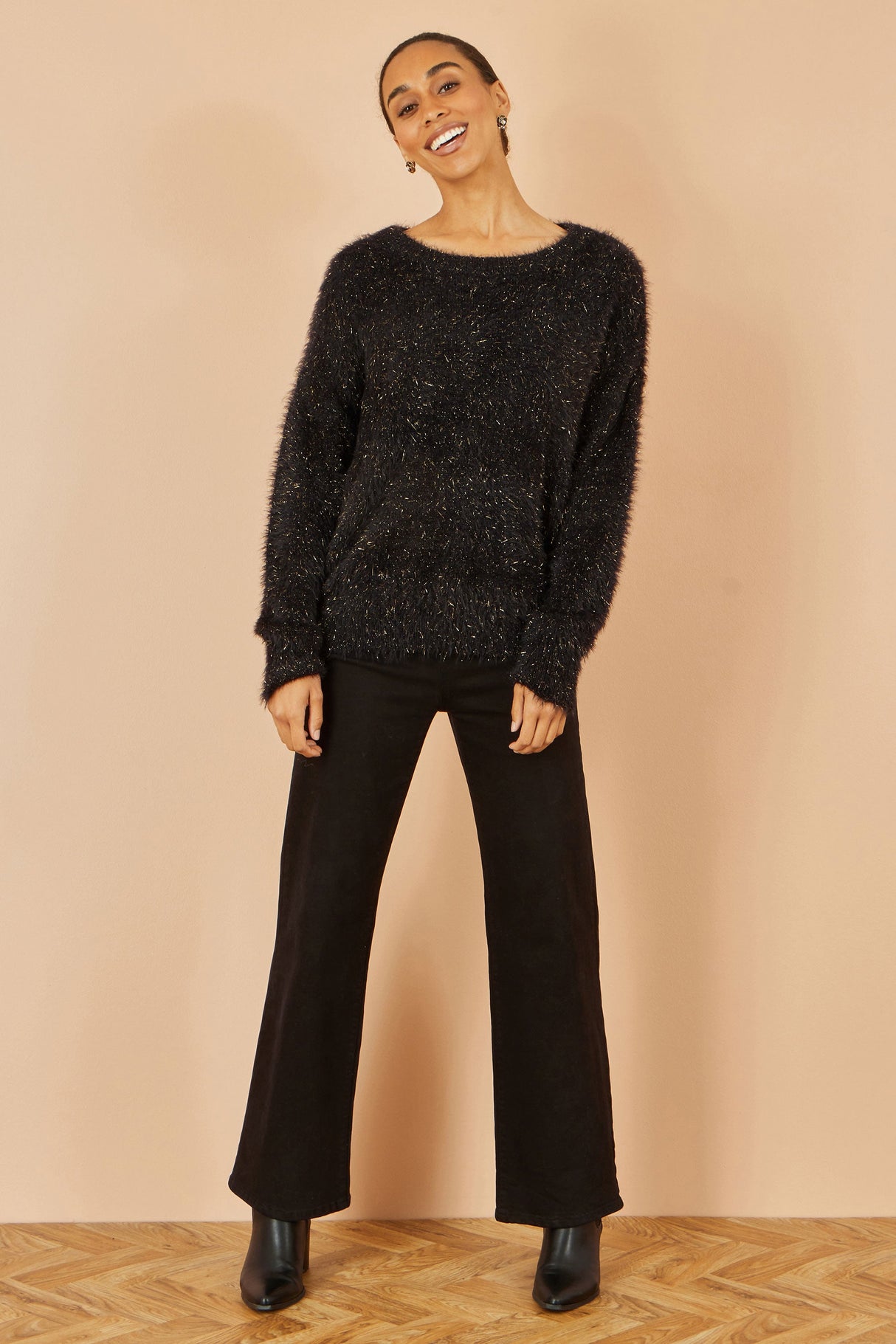 Yumi Black Metallic Fluffy Eyelash Relaxed Jumper
