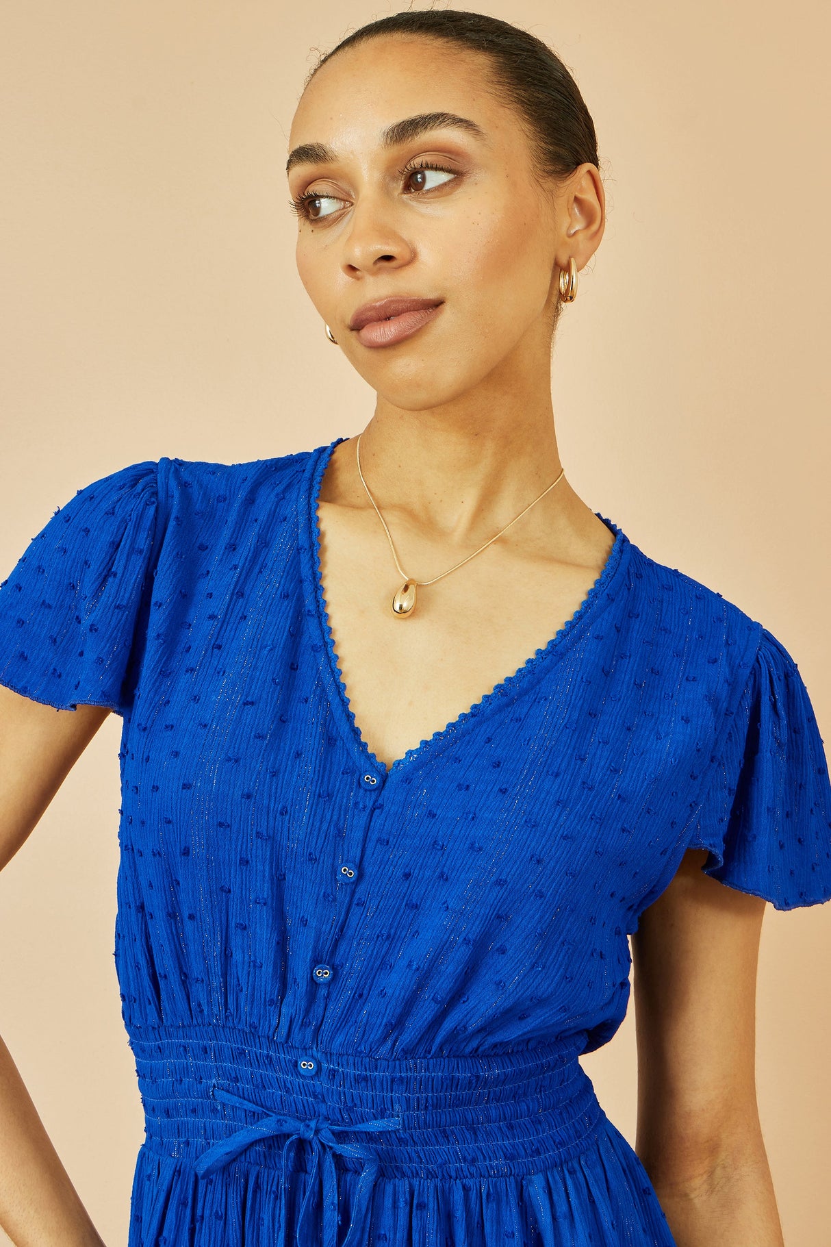 Yumi Blue Button Detail Midi Dress With Ruched Waist And Metallic Thread