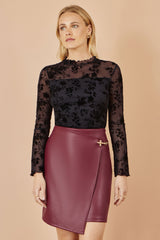 Yumi Black Flocked Floral Stretch Mesh Top With Long Sleeves