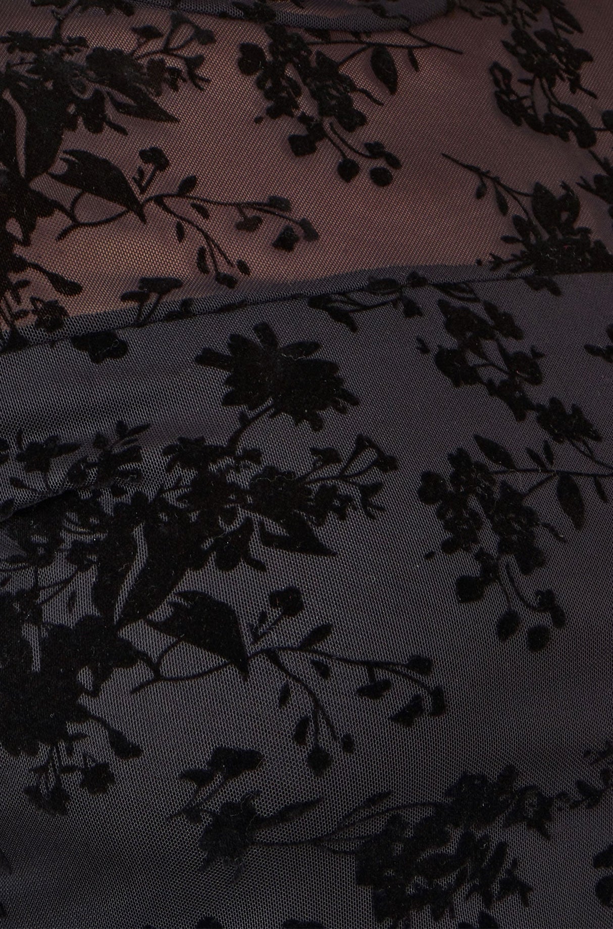 Yumi Black Flocked Floral Stretch Mesh Top With Long Sleeves