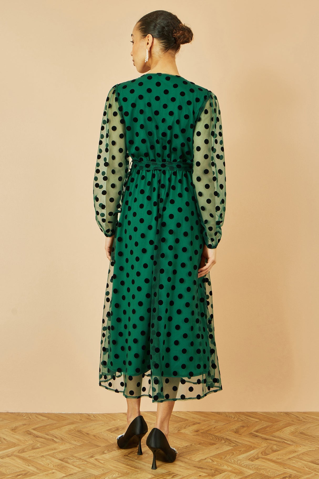 Yumi Green Spot Mesh Wrap Midi Skater Dress