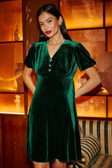 Yumi Green Velvet Skater Dress With Dimante Bow Detail