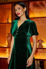 Yumi Green Velvet Skater Dress With Dimante Bow Detail