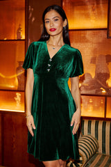 Yumi Green Velvet Skater Dress With Dimante Bow Detail