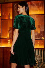 Yumi Green Velvet Skater Dress With Dimante Bow Detail