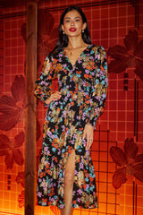 Yumi Black Floral And Foil Ruched Midi Dress With Split Hemline