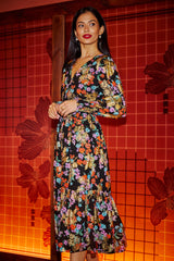 Yumi Black Floral And Foil Ruched Midi Dress With Split Hemline
