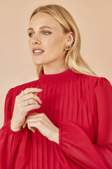 Yumi Red Pleated Long Sleeve Top With High Neck