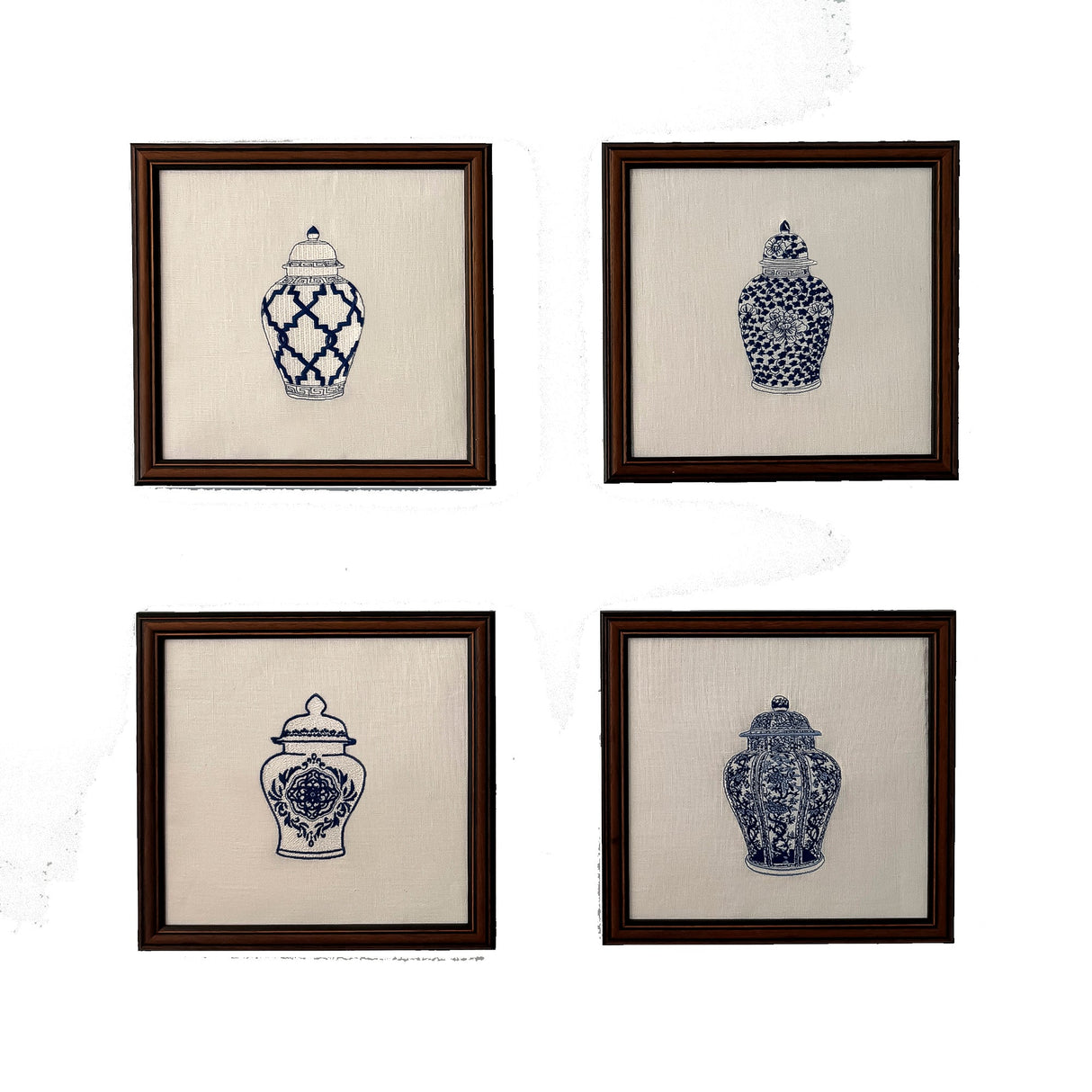 Ginger Jars Set of 4 Embroidered Artwork