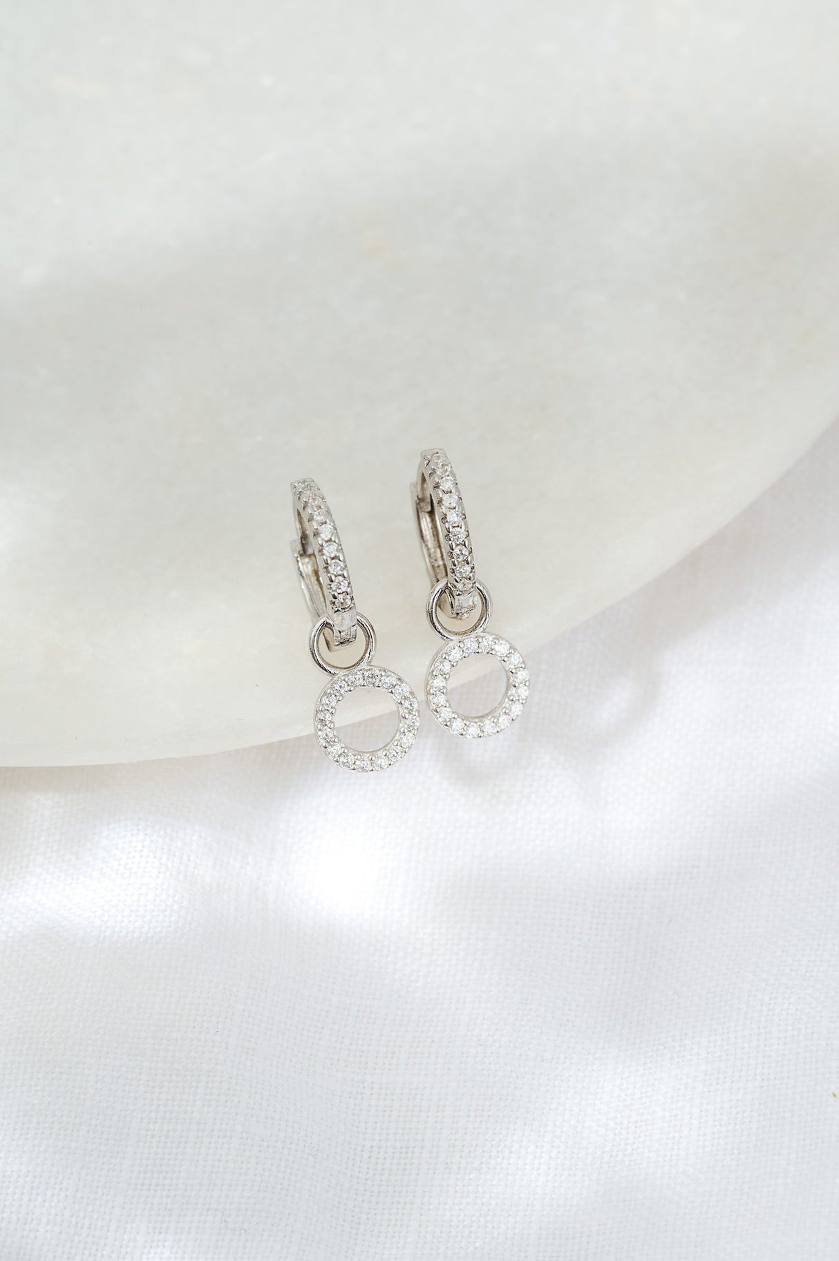 Circle Drop Hoop Huggie Earrings: Silver