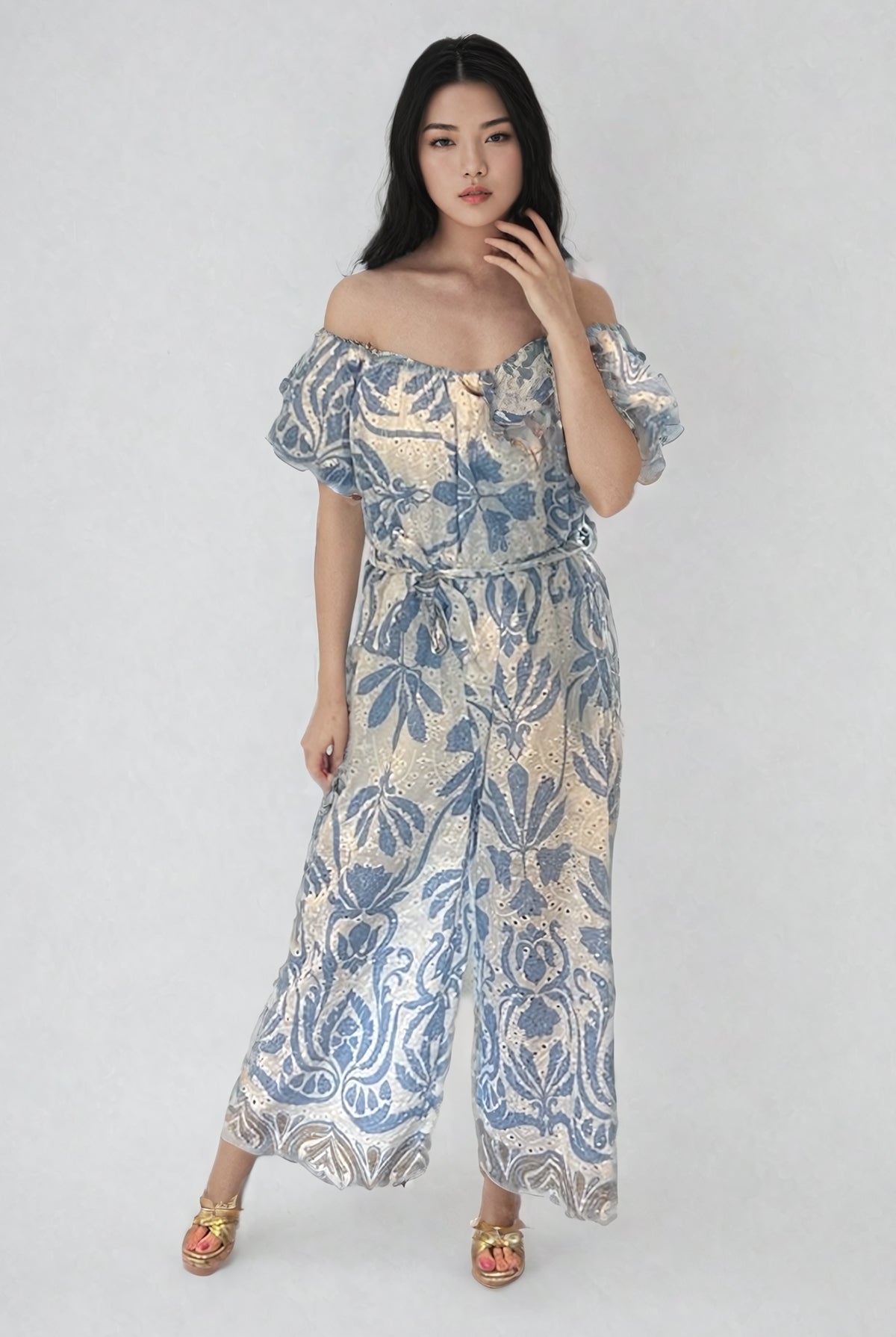 Printed Broderie Anglaise Belted Jumpsuit Blue
