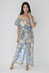 Printed Broderie Anglaise Belted Jumpsuit Blue