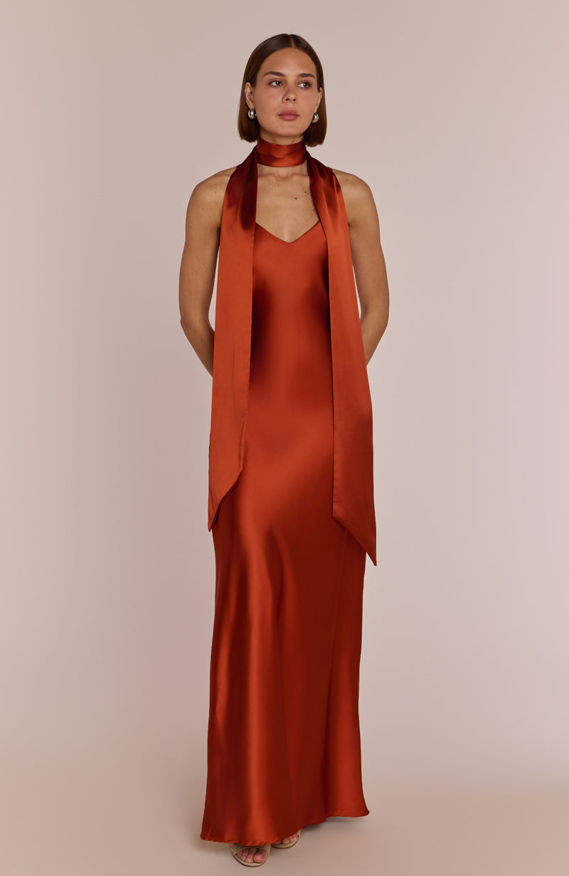 Brooklyn Dress in Burnt Orange Satin