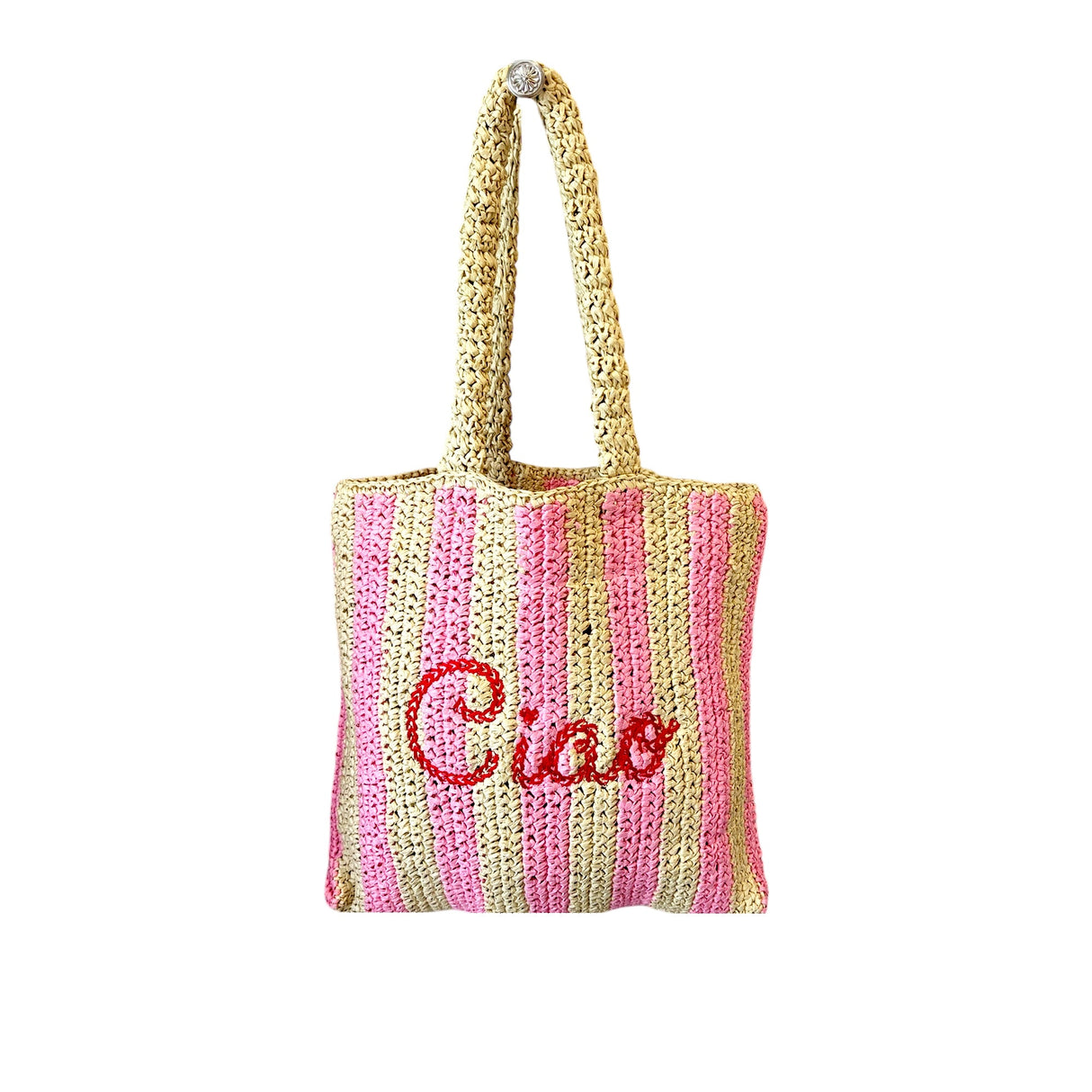 Ciao Embroidered Straw Beach Bag
