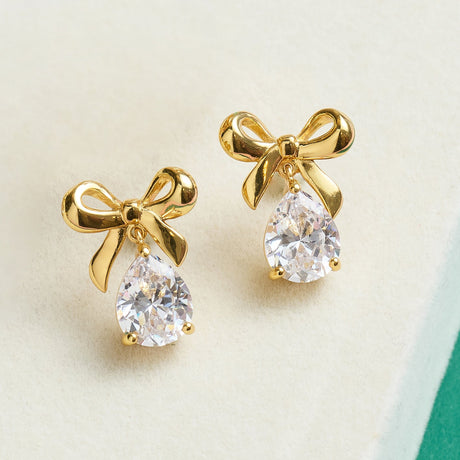 Amelia Bow Stud Earrings Clear Cubic Zirconia & Gold