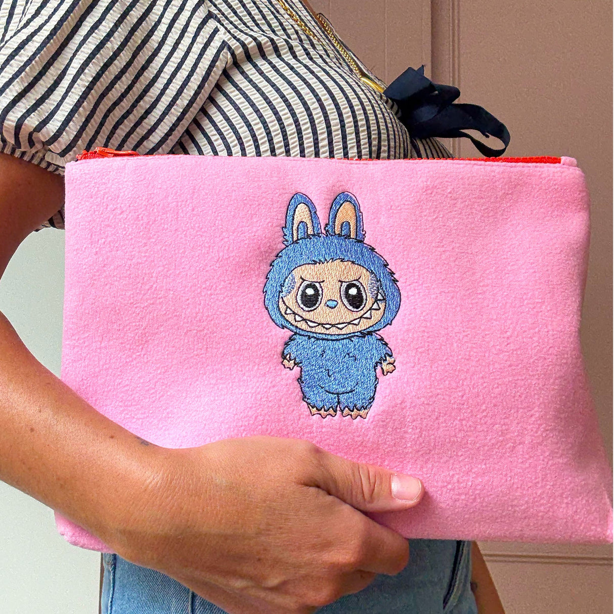 Pink Labubu Embroidered Plush Pouch