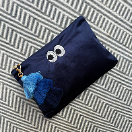 Navy Embrodiered Eyes Velvet Pouch