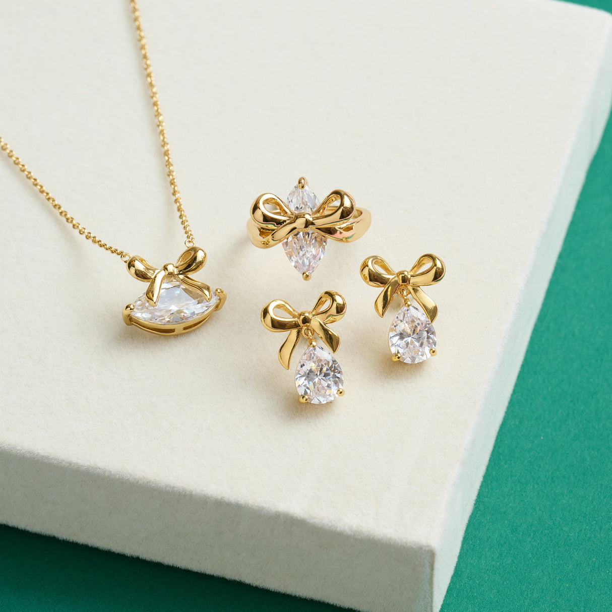 Amelia Bow Stud Earrings Clear Cubic Zirconia & Gold