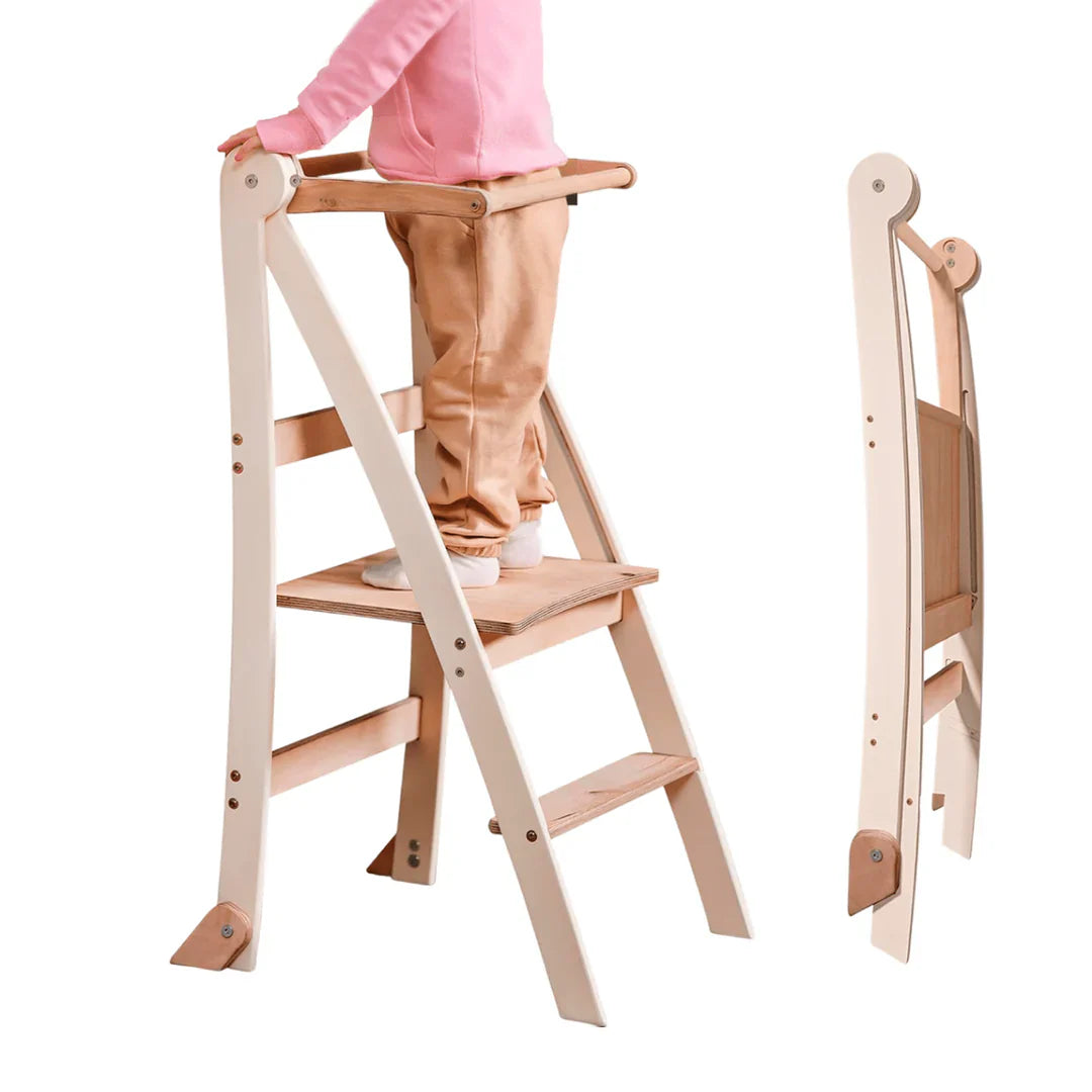 Folding Growing Chair– Montessori Step Stool With Safety Rails for Toddlers – White