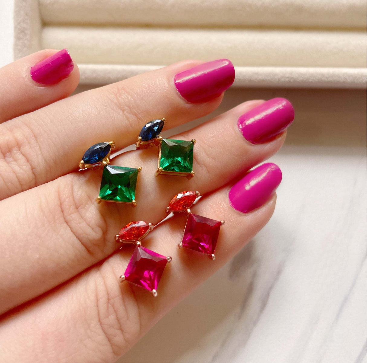 Esme Stud Earrings, Sapphire Blue, Emerald Green & Gold