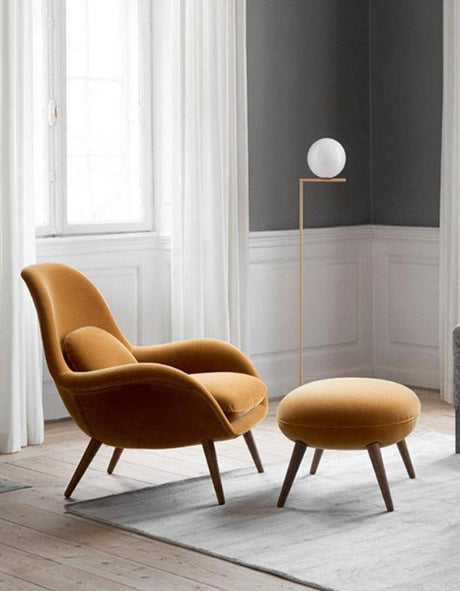 Swoon Lounge Petit Armchair And Stool, Blue Velvet, Wood Leg