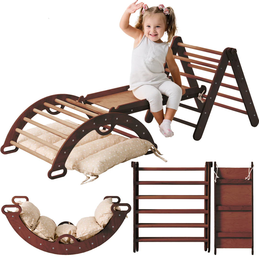 4in1 Montessori Climbing Frame: Triangle Ladder + Climbing Arch + Slide Board + Cushion (1-3 Y.o)