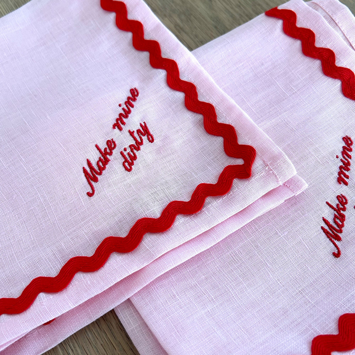 Embroidered Housewarming Linen Napkin Set X2 | Custom 'Make Mine Dirty' Party Decor